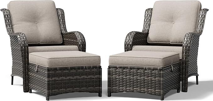 Joyside 4 Piece Wicker Patio Furniture Set, Rattan Patio Chairs with High Back, Deep Seating, Wide Armrest, Thickened Cushions, Outdoor Furniture for Deck, Porch Use