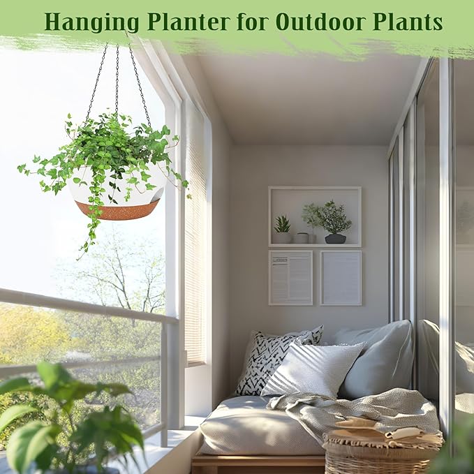 Lucieblessdesign Hanging Planters for Outdoor Indoor Plants, 2 Pack 10 Inch Hanging Basket Plants Outdoor, Self Watering Hanging Planter with Plant Hanger for Garden Home Decoration (White, 10 inch)