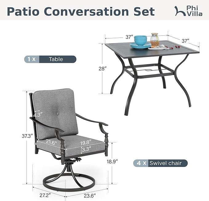 PHI VILLA 7 Pieces Outdoor Dining Set for 6, Rectangular Black Steel Dining Table with Fixed and Swivel Iron Chairs, Large Dining Furniture Set with Cushions for Patio, Deck, Porch, Backyard