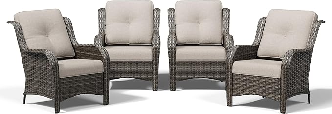 Joyside 4 Piece Wicker Patio Furniture Set, Rattan Patio Chairs with High Back, Deep Seating, Wide Armrest, Thickened Cushions, Outdoor Furniture for Deck, Porch Use