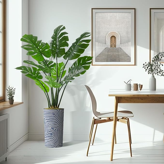 Artificial Tree in Contemporary Geometric Pattern Planter, Fake Monstera Silk Tree for Indoor and Outdoor Home Decoration - 65" Overall Tall (Plant Pot Plus Tree)