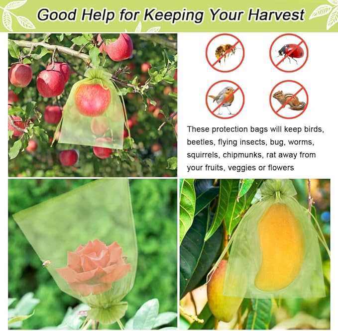 100pcs Fruit Protection Bags 6x9 inch, Green Netting Cover Bags Drawstring Mesh Fruit Protectors Pest Barrier for Tomato Mango Trees Veggies Garden