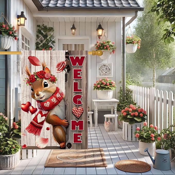 Valentine’s Day Garden Flag 28x40inch Double Sided The Squirrel Red Love Heart Rose Valentine’s Garden Flags For Home Outdoor Yard Patio Lawn Decor,Welcome Valentine Garden Outside Decorations Banner
