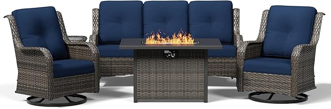 Joyside 5 Piece Wicker Patio Furniture Set with Fire Pit Table, Outdoor Swivel Rocker Patio Chairs with High Back, Deep Seating, Wide Armrest, Thickened Cushions, Outdoor Furniture for Deck, Porch Use