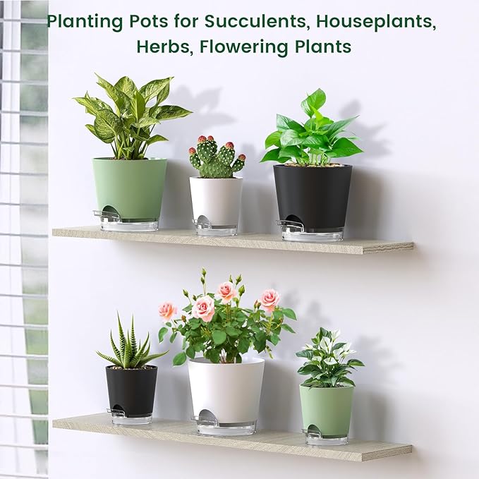 Meowell 4 inch Self Watering Pots for Indoor Plants, 5 Pack Small Flower Plant Pots with Drainage Holes and Clear Reservoirs, Visible Water Level, Plastic Planters with Wicking Rope, Green
