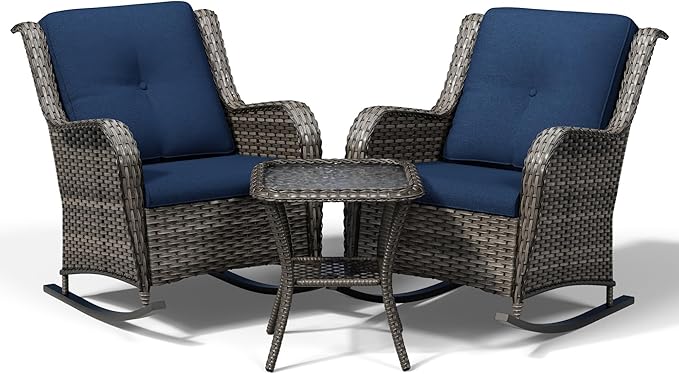 Joyside 3 Piece Wicker Patio Furniture Set, Outdoor Rocking Chair with High Back, Deep Seating, Wide Armrest, Thickened Cushions, Outdoor Rattan Furniture for Deck, Porch Use