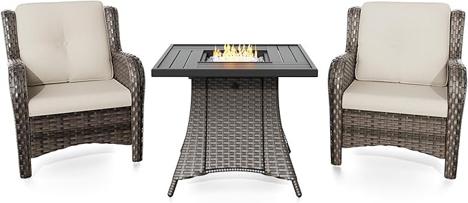 Joyside 3 Piece Wicker Patio Furniture Set with Fire Pit Table, Rattan Patio Chairs with High Back, Deep Seating, Wide Armrest, Thickened Cushions, Outdoor Furniture for Deck, Porch Use