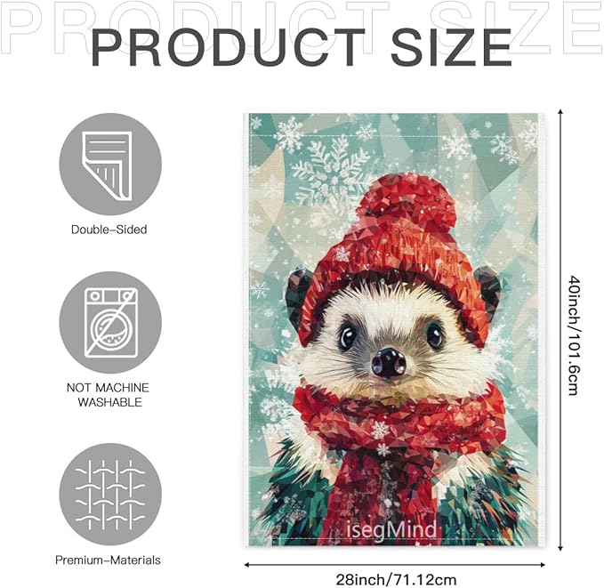 Hedgehog with Red Scarf and Hat Snowflake Christmas Garden Flag, 28x40 Inch Double Sided Linen Holiday Red Winter Farmhouse Yard Outdoor Decoration (4341)