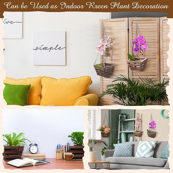 5 Pcs Wooden Orchid Hanging Basket with Hangers Pine Rustic Vanda Baskets Square Handmade Orchid Pots for Indoors Outdoors Garden Staghorn Ferns Mount Plants Flowers (6inch,8inch,10inch)