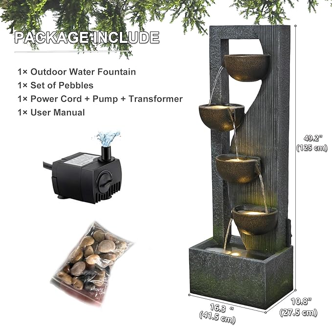 Garden Water Fountains Outdoor 5 Tiered Cascading Bowl Modern Waterfall Fountain with LED Lights, Natural Stones for Garden, Living Room, Patio, Yard Art Decor, 16.3" L * 10.8" W * 49.2" H
