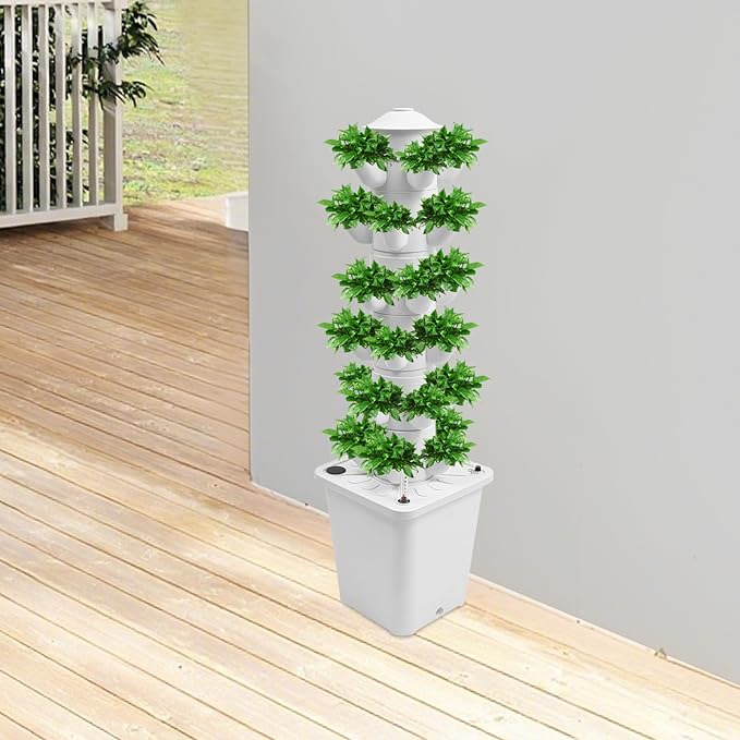 6-Tier Hydroponic Grow Tower Kit, 30 Holes Planting Sites Indoor Garden System with Water Pump, Self-Watering Vertical Gardening Kit for Lettuce, Herbs, Strawberries, Vegetables, Flowers, White