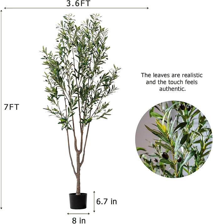 Erimda 7FT Artificial Olive Tree Tall Faux Silk Plant Tall Faux Olive Tree with Natural Wood Trunk & Lifelike Fruits Fake Potted Tree or Home Office Decor