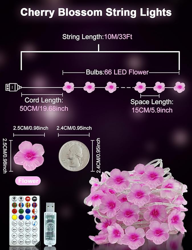 echosari Cherry Blossom Flower String Lights, 33ft 16 Million Color Chaning Fairy Lights Plug in APP & Remote Control DIY Music Sync Flower Light for Bedroom Dorm Wedding Decor
