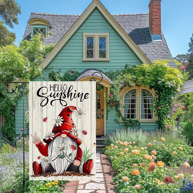 Welcome Sunshine Garden Flag Summer Gnome Garden Flags 12x18 Inch Double Sided Burlap Colorful Floral Small Decor Home Yard Lawn Holiday Outdoor Flags Decorations