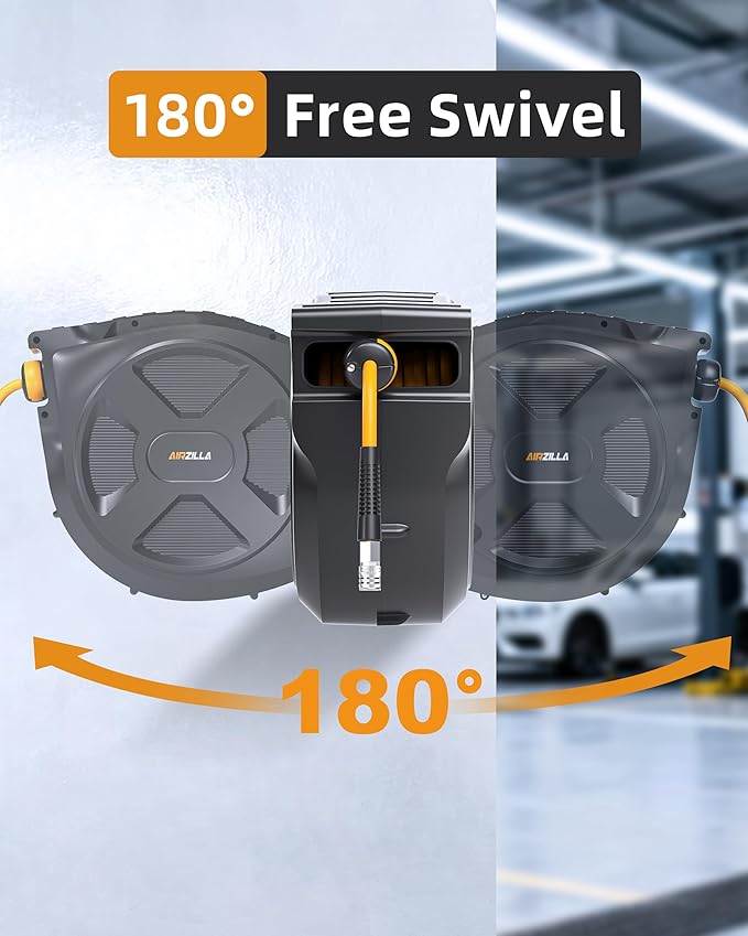 Retractable Air Hose Reel, 3/8" x 100Ft Flex Hybrid Air Hose Max 300PSI Kink-resistant Air Compressor Hose Reel Auto Rewind with 6Ft Lead in, Quick Connect, 180° Swivel Mounting Kit.