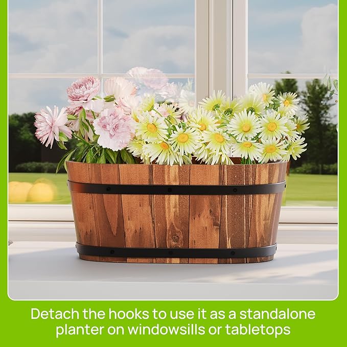 Wooden Hanging Planter for Railing Fence Outdoor Planter Railing Planter Boxes for Plants Wall Planters Window Flower Box Hanging Bucket Pots Countryside Plant Holder (Brown,2pcs,Large)