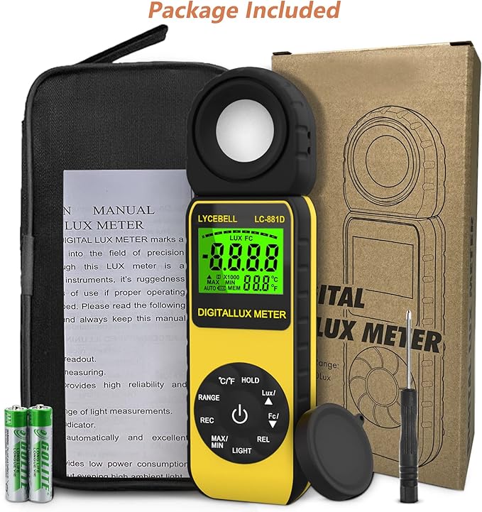 LYCEBELL Digital Illuminance Light Meter, LC-881D Luxmeter Range up to 400,000 Lux with 270º Rotated Date Hold Max/Min Backlit for Photography Plant LED Light