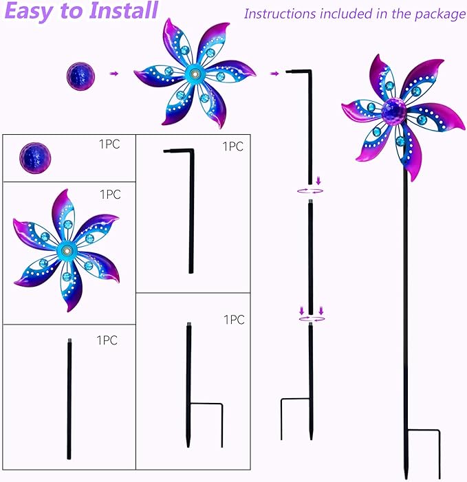 Gronhof Wind Spinners Outdoor Metal, 10.63" W*37" H Pinwheels for Yard and Garden Decor, Kinetic Wind Sculpture Spinner Yard Art (Purple)