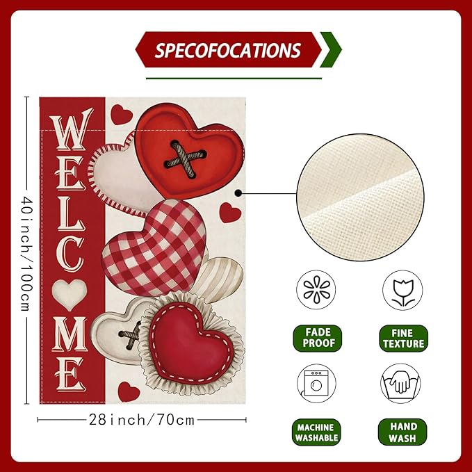 Welcome Valentine’s Day Romantic Love Hearts House Flag Big Large Burlap 28X40 Inch Vertical Double Sided Outside Yard Holiday Outdoor Farmhouse Decoration