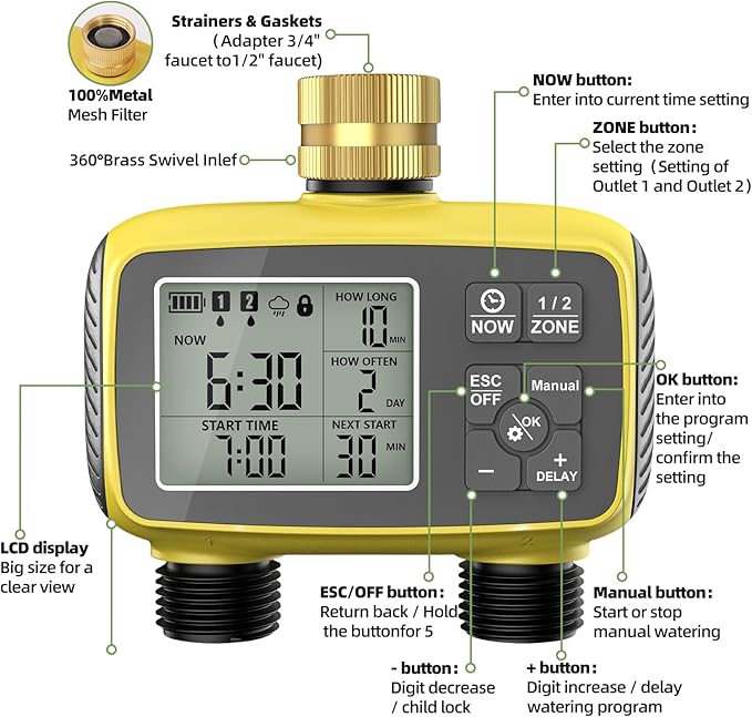 Smart Sprinkler Timer, 2-Zone Programmable Water Hose Timer with Rain Delay & Manual Mode, Outdoor Irrigation System for Garden, Lawn, Yard, Patio Drip Watering (Brass)