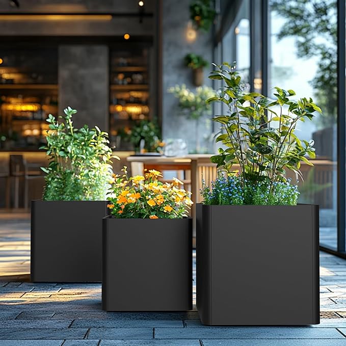 BHCORTEN Large Metal Square Planter 20" L x 20" W x 20" H, Black Large Outdoor Planters with Drainage Hole for Porch/Patio/Garden