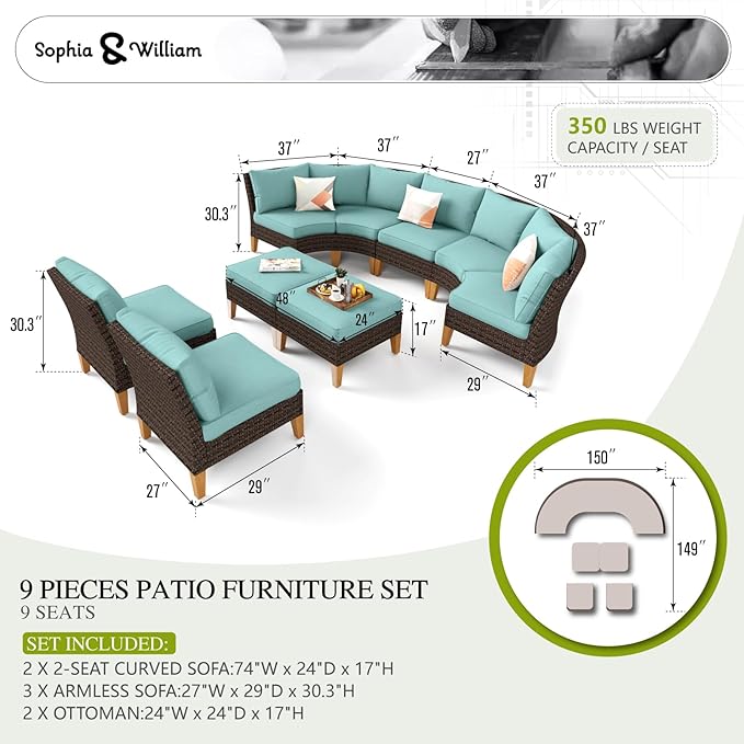Sophia & William Outdoor Wicker Sectional Sofa Set, 9 Piece Half Moon Curved Patio Furniture Modern Round Outdoor Couch Conversation Set with Ottoman for Backyard, Pool, Garden(Aqua Blue)