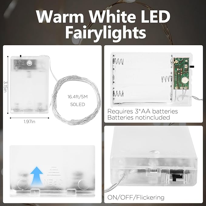 Fairy Lights Battery Operated String Lights 16.4ft 50LED Flashing and Constant Light Waterproof Silver Wire for Christmas DIY Party Wedding Decoration(White, 8 Pack)