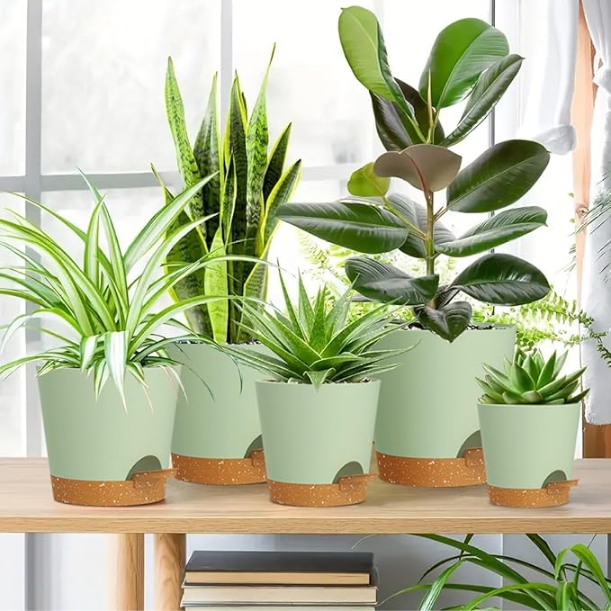 WSMKSZ 7/6.5/6/5.5/5/4 inch Self Watering Pots for Indoor Outdoor Plants, 6 Pack Plastic Flower Planters with Drainage Holes and Removable Saucers, Plant Pots with Wicking Rope, Green Brown