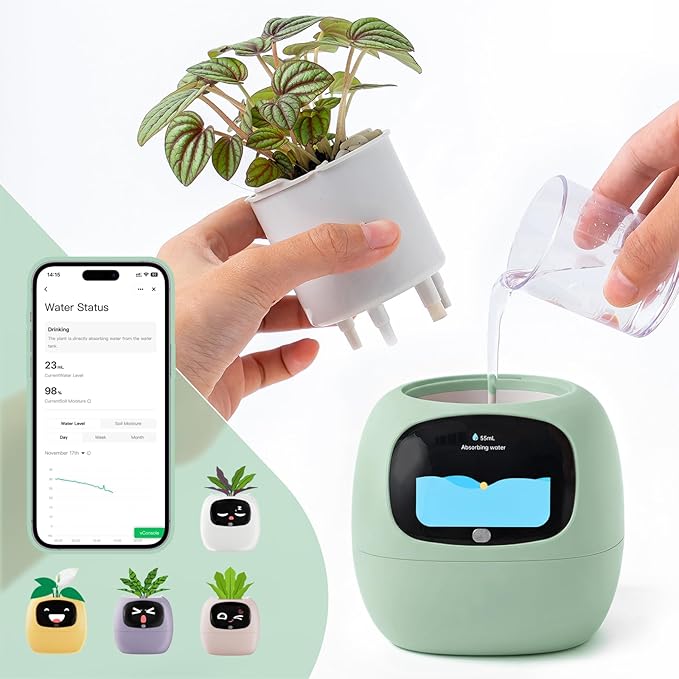 Plantsio AI Smart Pot for Plants with App Control, Self-Watering, Visual Display & 80ml Reservoir, Digital Plant Pot Supports 100+ Plants, Pomodoro Timer, Clock & Calendar,Desk & Office Planter-Green