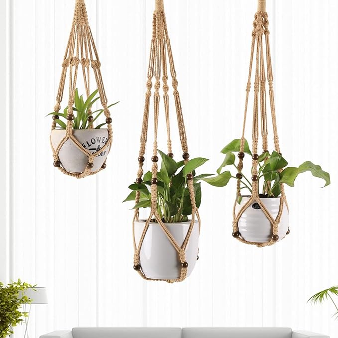 MKO SHUN 3-Pack Macrame Plant Hanger Indoor - Hanging Planter Basket for Indoor Outdoor - Decorative Boho Plant Holders Set with Beads - Ceiling Flower Pot Holder with 6 Hooks - 35"/30"/24" Linen