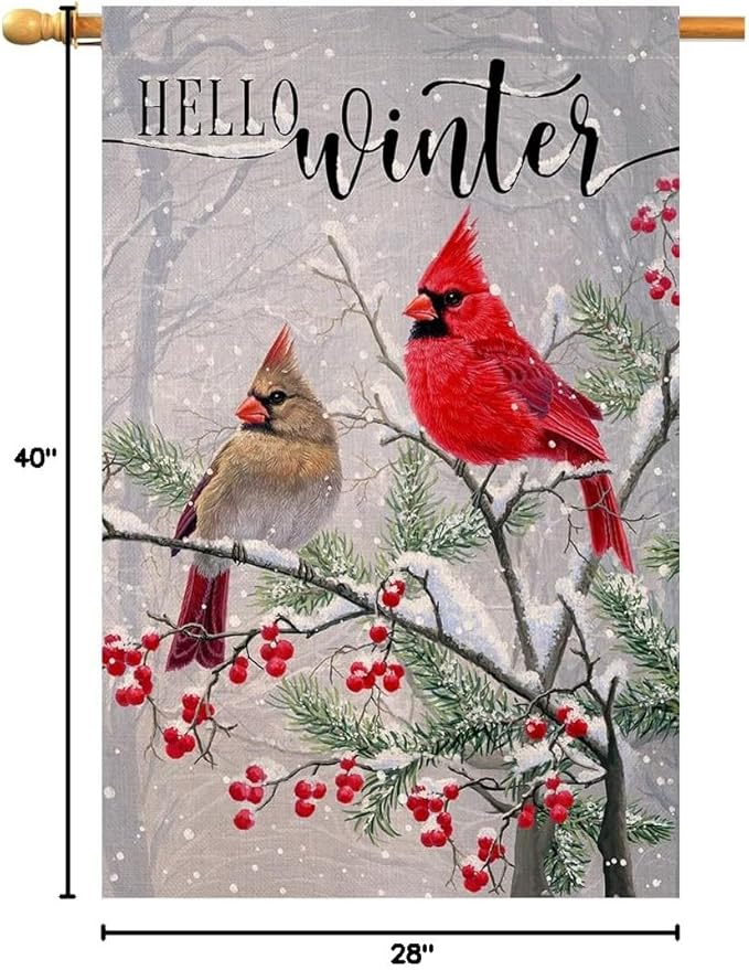 Winter Cardinal Bird House Flag 28 x 40 Vertical Double Sided Farmhouse Trees Snow Christmas Holiday Outside Decorations Burlap Yard Flag BW233-40