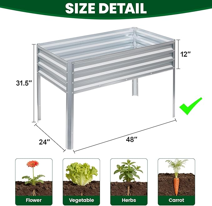 1MORE Elevated Raised Garden Bed with Legs, 48×24×32in Large Metal Raised Bed for Backyard, Patio, Balcony. Raised Planter Box with Drainage Holes for Plants Vegetables Flowers Fruits(Sliver-2pcs)
