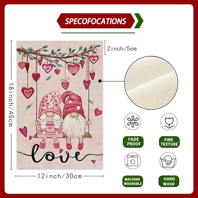 Valentine’s Day Romantic Swing Gnome Love Hearts Garden Flag Yard Flag 12x18 Inch Double Sided Small Mini Yard Outdoor Outside Holiday Decoration