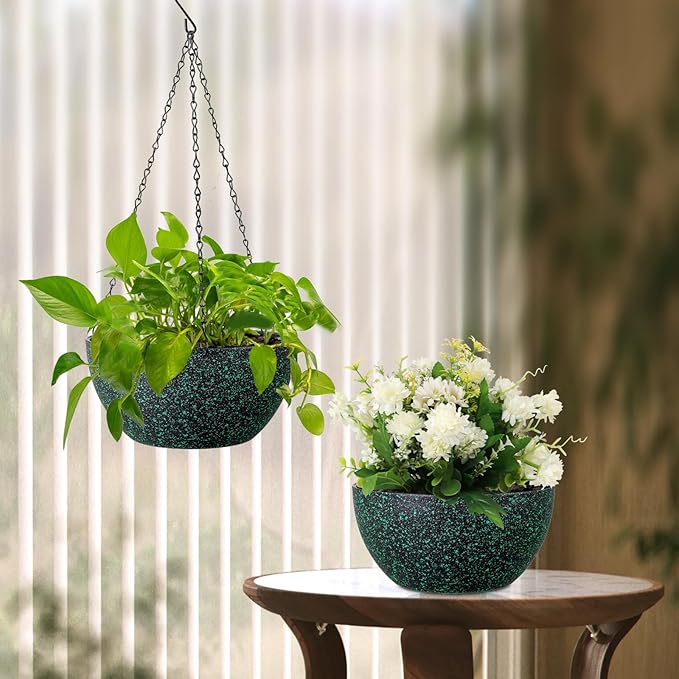 Meowell 12 inch Large Hanging Planters for Indoor Outdoor Plants, 2 Pack Hanging Flower Pots with Drainage Holes and Chain, Plastic Hanging Baskets for House Plants, Black with Green Speckles