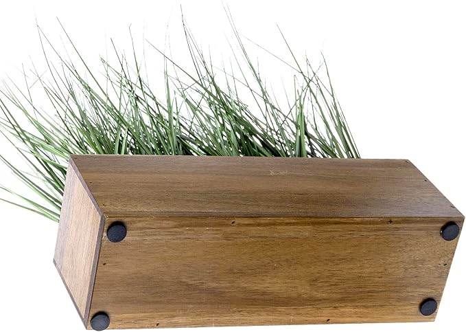 MyGift Artificial Grass Plants in Premium Acacia Solid Wood Planter Box, 12 Inch Decorative Wooden Container with Faux Greenery Plant, Indoor Table Decor