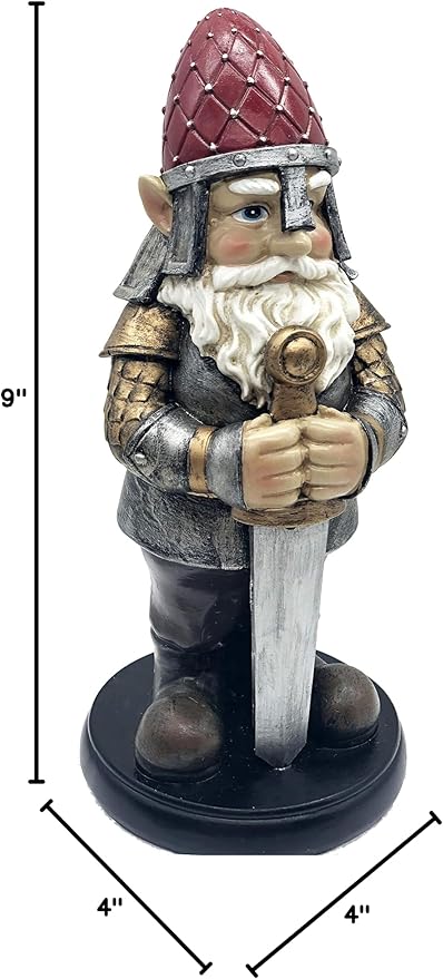 Gnome Knight Holding sword - armored, 9 inches: Warrior statue for Garden