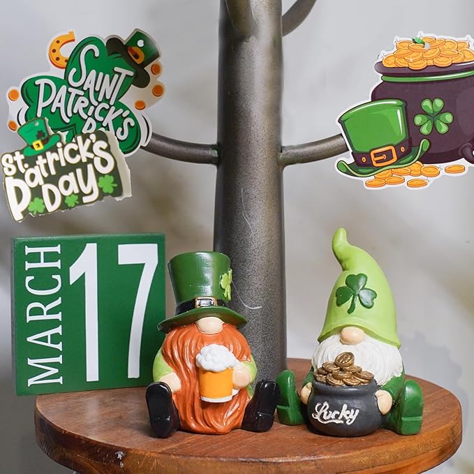St Patrick's Day Gnome Decorations - 2PC Gnome Figurines with Lucky Shamrocks Beer Cups Pot of Gold Resin Faceless Dolls St. Patricks Day Farmhouse Décor for Home 2.75*2.25*4.75 in Newman House Studio