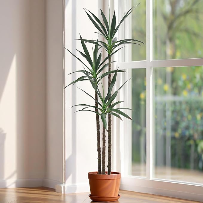 Artificial Tree 6ft Faux Agave Plant with 45 Leaves and 3 Realistic Trunks,Fake Floor Potted Artificial Tall Plants for Home Office Garden Decor Indoor (6Feet,1Pack)