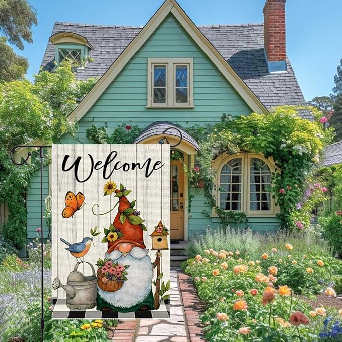 Welcome Spring Summer Garden Flag 12x18 Inch Double Sided Small Burlap Gnome Cardinal Flowers Butterfly Sunflower Buffalo Plaid Garden Flags Home Yard Lawn Holiday Outdoor Decorations