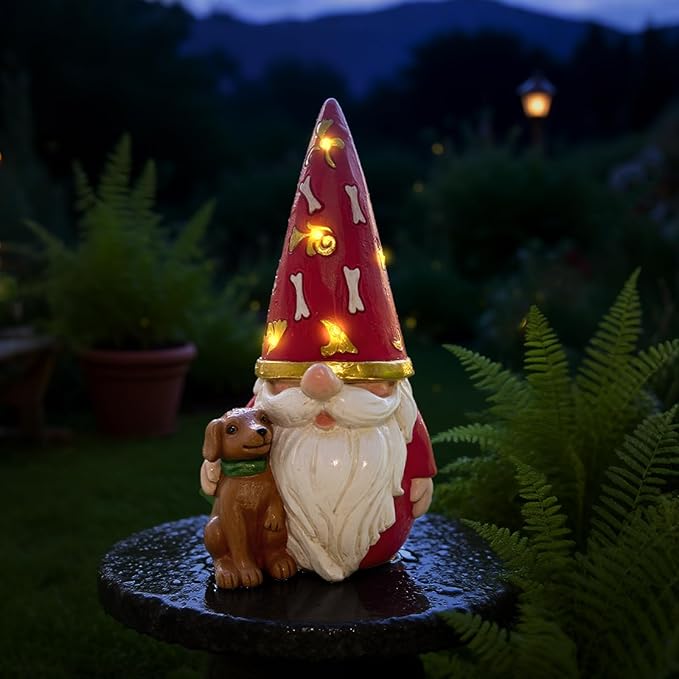 LETITIN Solar Garden Gnome with Dog Statue - Outdoor Solar Powered Gnome Decor with LED Lights, Waterproof Funny Garden Decorations for Patio, Yard, Lawn (Dog Gnome)