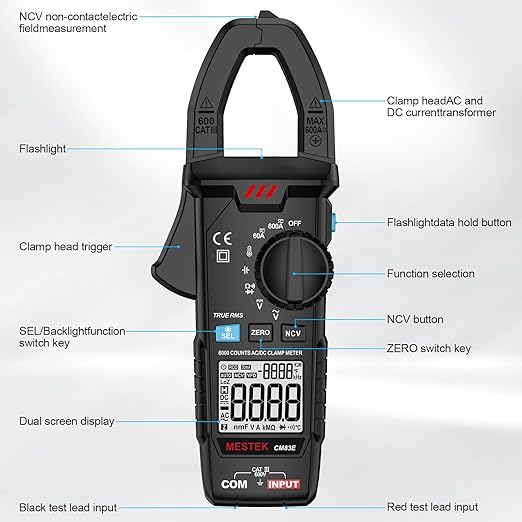 MESTEK Clamp Meter, Digital Clamp Multimeter Voltage Tester TRMS 6000 Counts Current Amp Volt Meter, Voltmeter Measures NCV AC DC Current Voltage Resistance Capacitance Temperature Diodes Continuity
