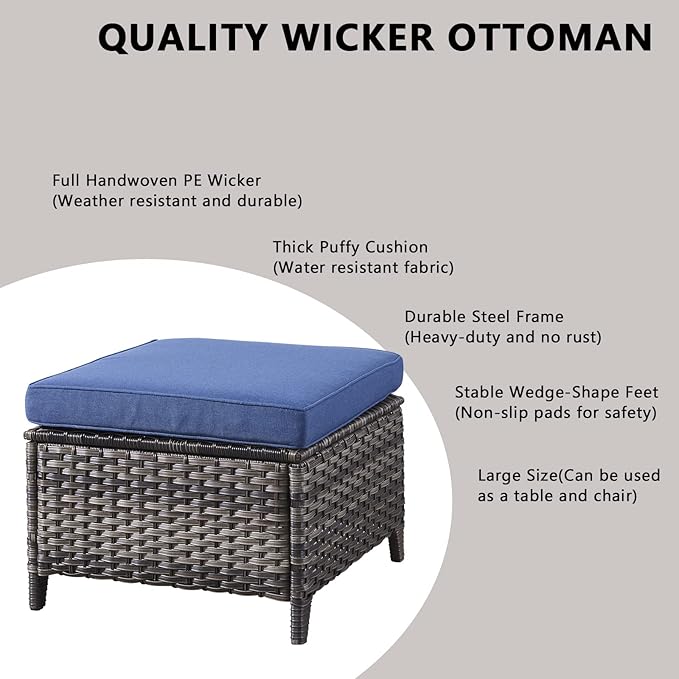 Rilyson Wicker Patio Furniture Set - 7 Piece Rattan Outdoor Sectional Conversation Sets with 1 Sofa,4 Armrest Chairs and 2 Ottomans for Porch Deck Garden(Mixed Grey/Blue)