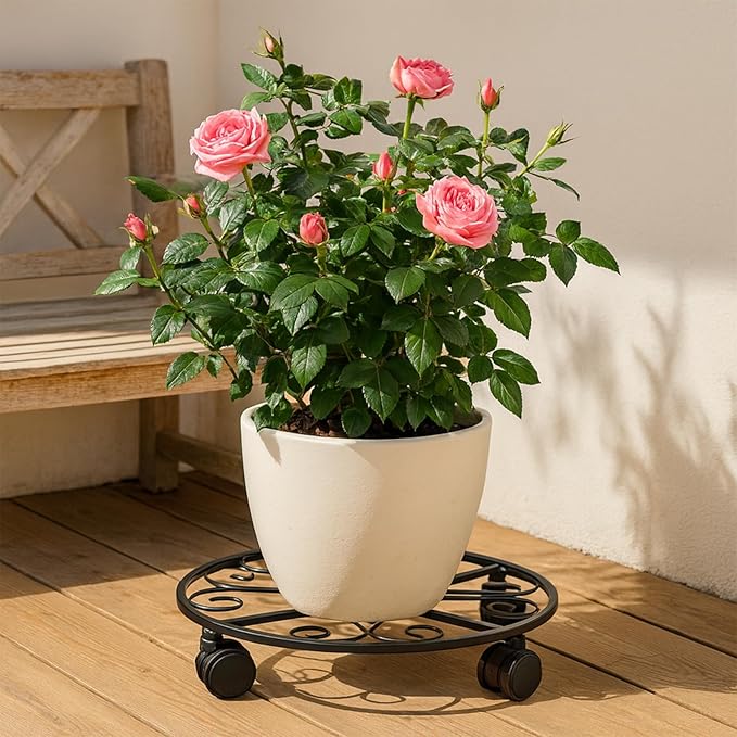 5 Pack Plant Caddy with Wheels Heavy Duty 12 Inches Metal Plant Stand on Wheels Plant dolly Rolling Plant Stand Plant Roller with Casters for Indoor and Outdoor with 5 Pack Plant Saucers, Black