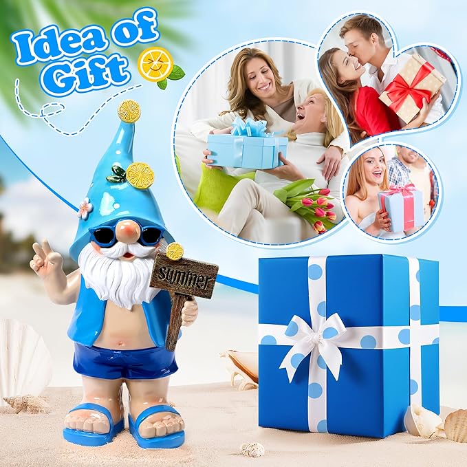 Outdoor Summer Gnomes Statue Beach Gnome Garden Decor for Outside, Beach, Yard, Lawn Ocean Sea Theme Home Decorations for Table, Shelf, Blue Gnome Figurine Funny Elf Gifts for Women
