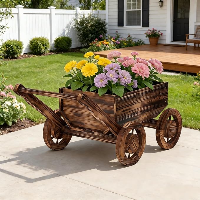 Wooden Flower Cart with Wheels Wooden Wagon Planter Outdoor Garden Planter Decor Planter Kit for Patio Balcony Trolley Decoration Succulent Flower Pot, Indoor Backyard Balcon Decor(Small)