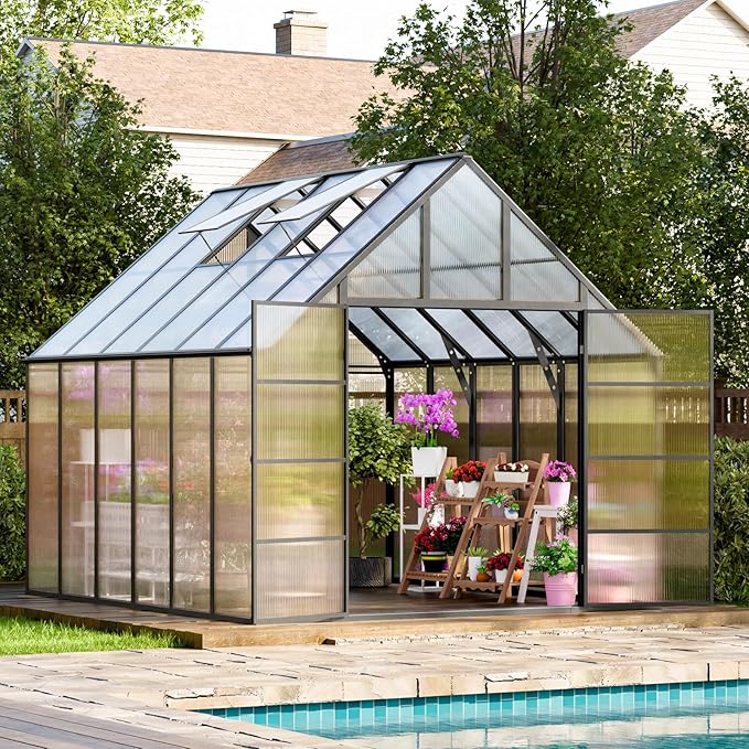 WACASA 12x10x10 FT Greenhouse for Outdoors, Easy Assembly Aluminum Frame Polycarbonate Greenhouse Kit with 2 Vent Windows, Swing Door, Walk-in Sunroom for Backyard Garden