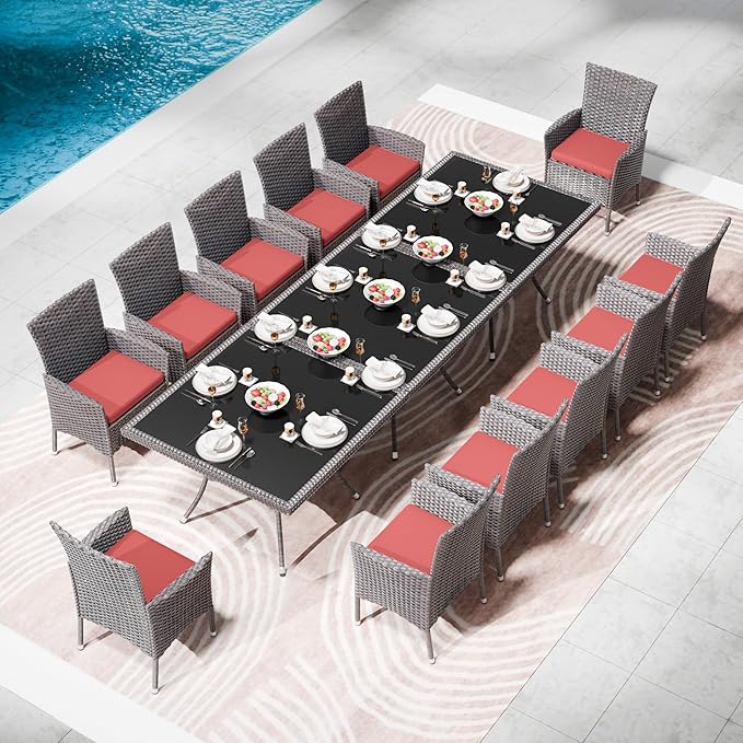 15 Piece Outdoor Dining Set,Rattan Patio Conversation Set of 12 Chairs,Patio Dining Table and Chairs w/Cushions,Square Glass Tabletop,Umbrella Cutout for Patio,Red