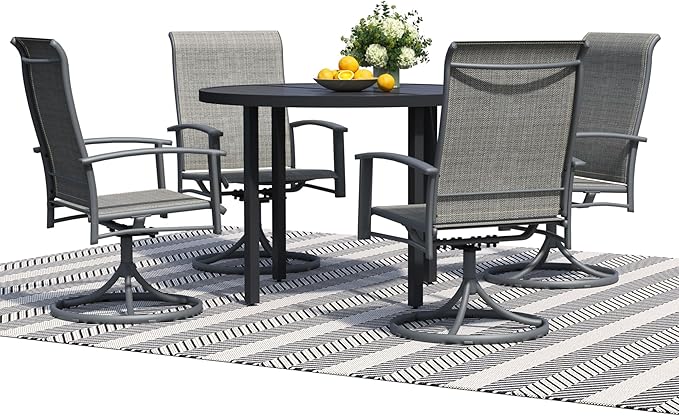 5 Pieces Outdoor Table and Chairs for 4, 42" Black Round Table with 4 Grey Swivel Chairs, Patio Set with Swivel Chair, Garden Tables for Outdoor, Patio Dining Set for Lawn Backyard Poolside