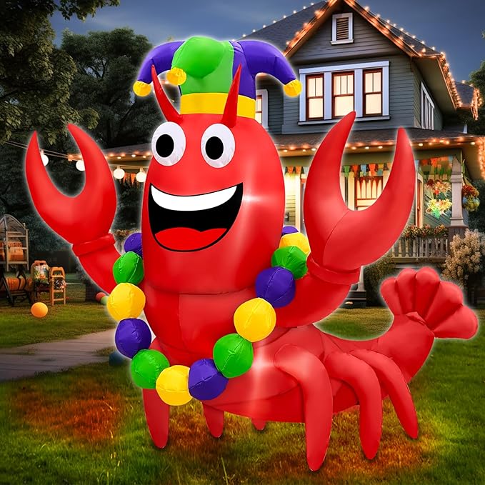 6 Ft Mardi Gras Decorations Inflatable Lobster with Crown Necklace Built-in LED Lights, Blow Up Lobster Outdoor Decor for Mardi Gras Carnival Party Yard Lawn Garden Home Indoor