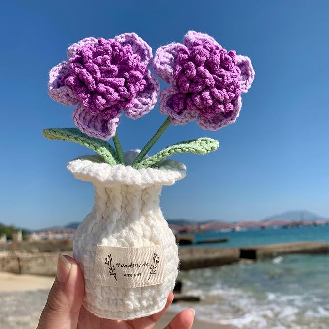 YOOJEE Crochet Paris Polyphylla Flower Pot Handmade Knitted Desk Decor Purple Potted Plant for Home Office